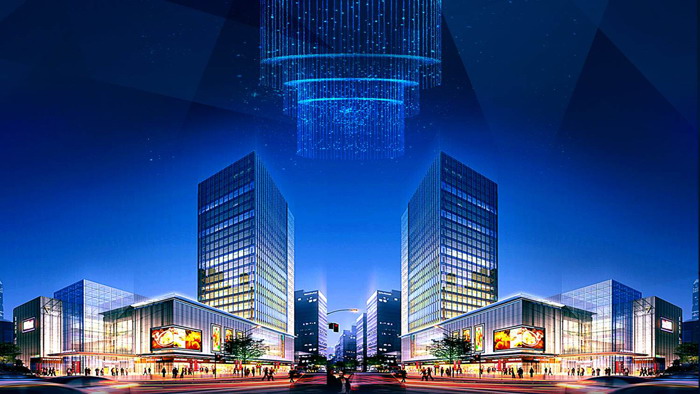 蓝色商业建筑效果图PPT背景图片
