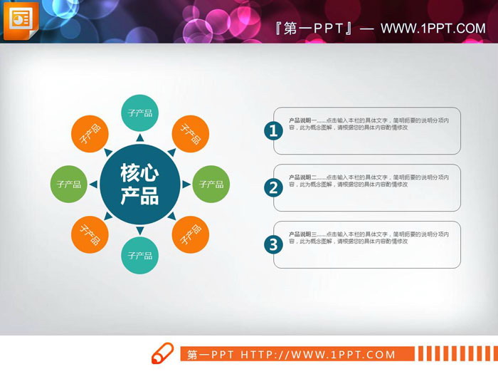 带有文本框说明的八项总分关系PPT图表
