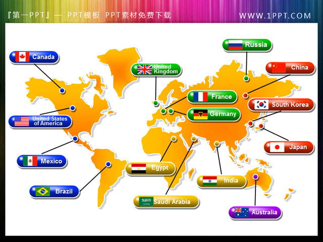 精美的带国家标识的世界地图PPT背景图片（各国地标图片）