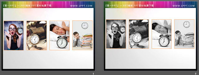 两组彩色与黑白搭配的时间钟表PPT素材下载  第2张