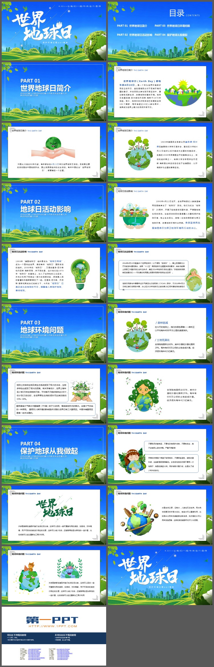 蓝天草地绿色地球背景的世界地球日PPT模板