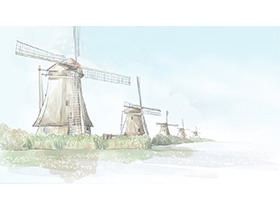 小清新水彩风车建筑PPT背景图片