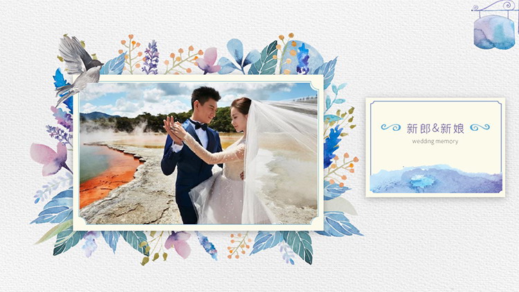 水彩花卉背景的浪漫婚礼相册PPT模板下载
