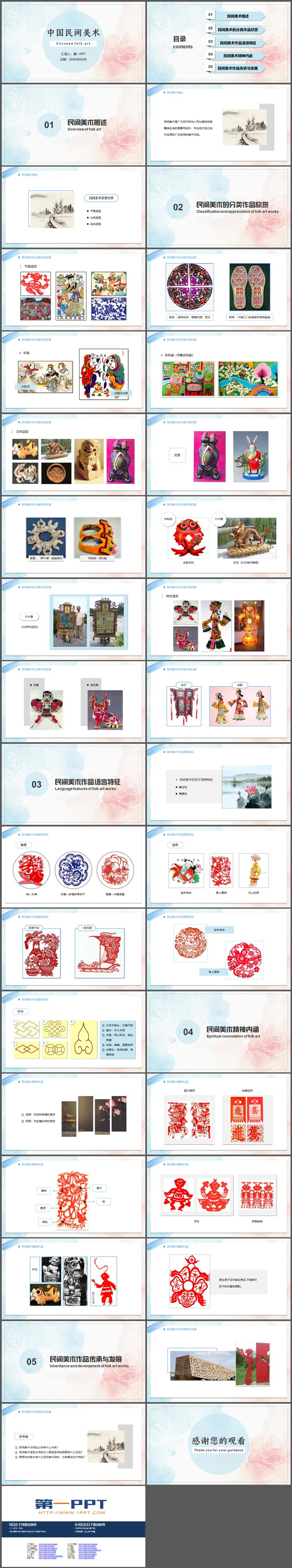 红蓝水彩花朵背景的中国民间美术PPT模板下载
