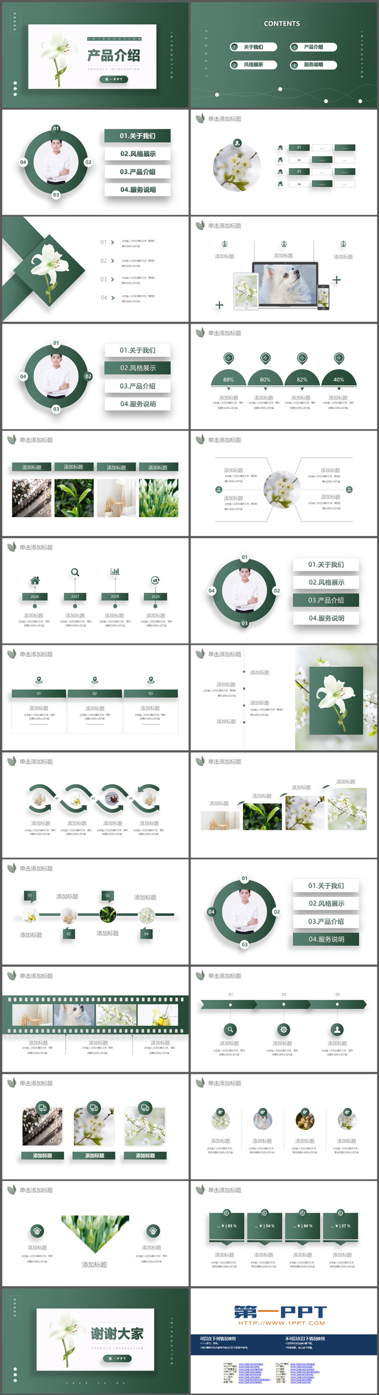 绿色清新花朵背景的产品介绍PPT模板下载