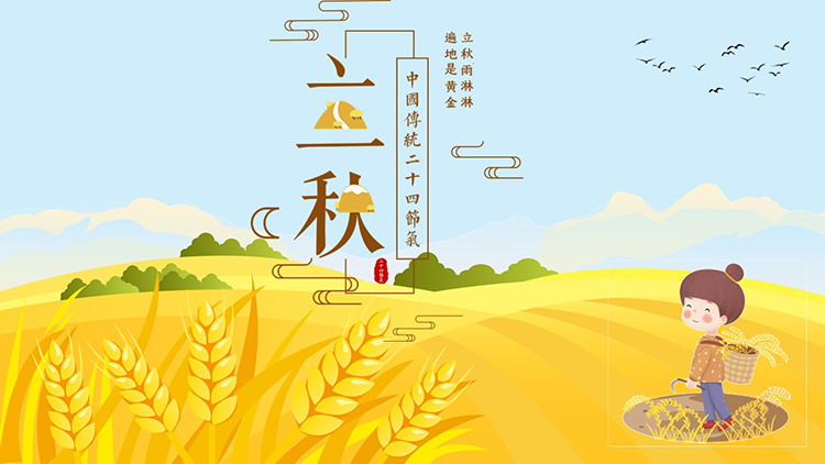 金色稻田背景的立秋节气PPT模板下载