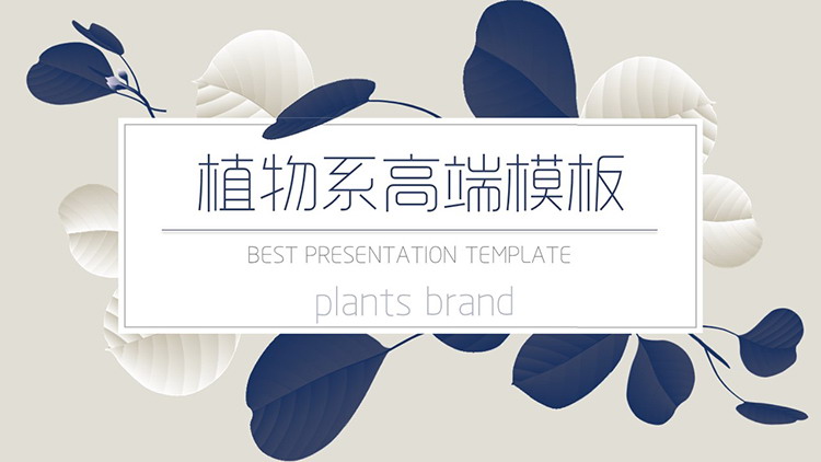 蓝白叶子背景的植物系高端商务PPT模板